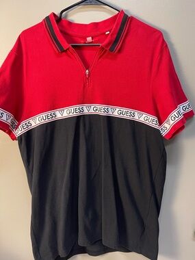 GUESS Red and Black Men's Zip Polo with Branded Tape